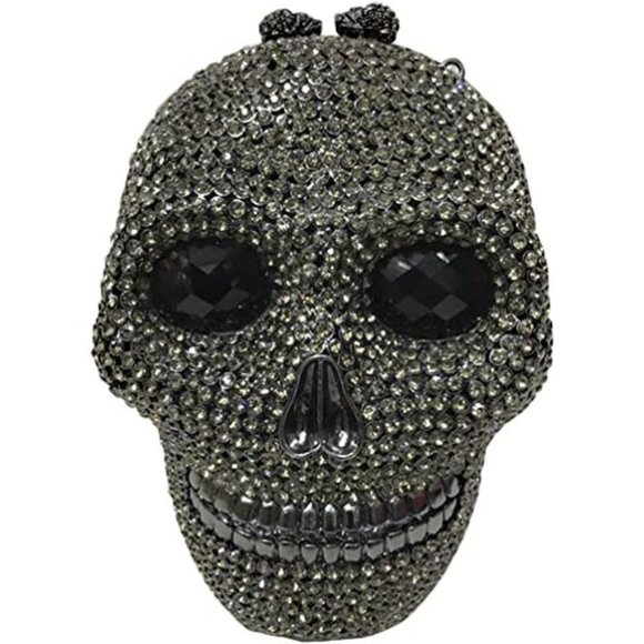NWT Sparkling Bling Crystal Rhinestone Skull Clutch Purse Silver Gold +G… - Picture 9 of 11